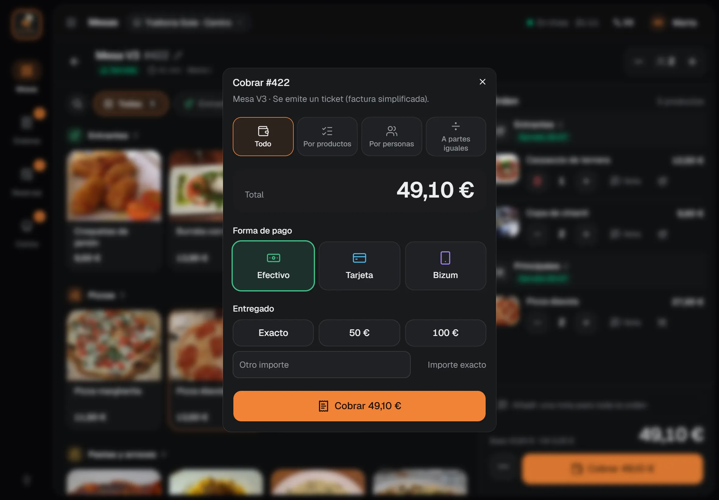 Ventana de cobro de Diner Brain: total de 30,50 € y botones de efectivo, tarjeta y Bizum.