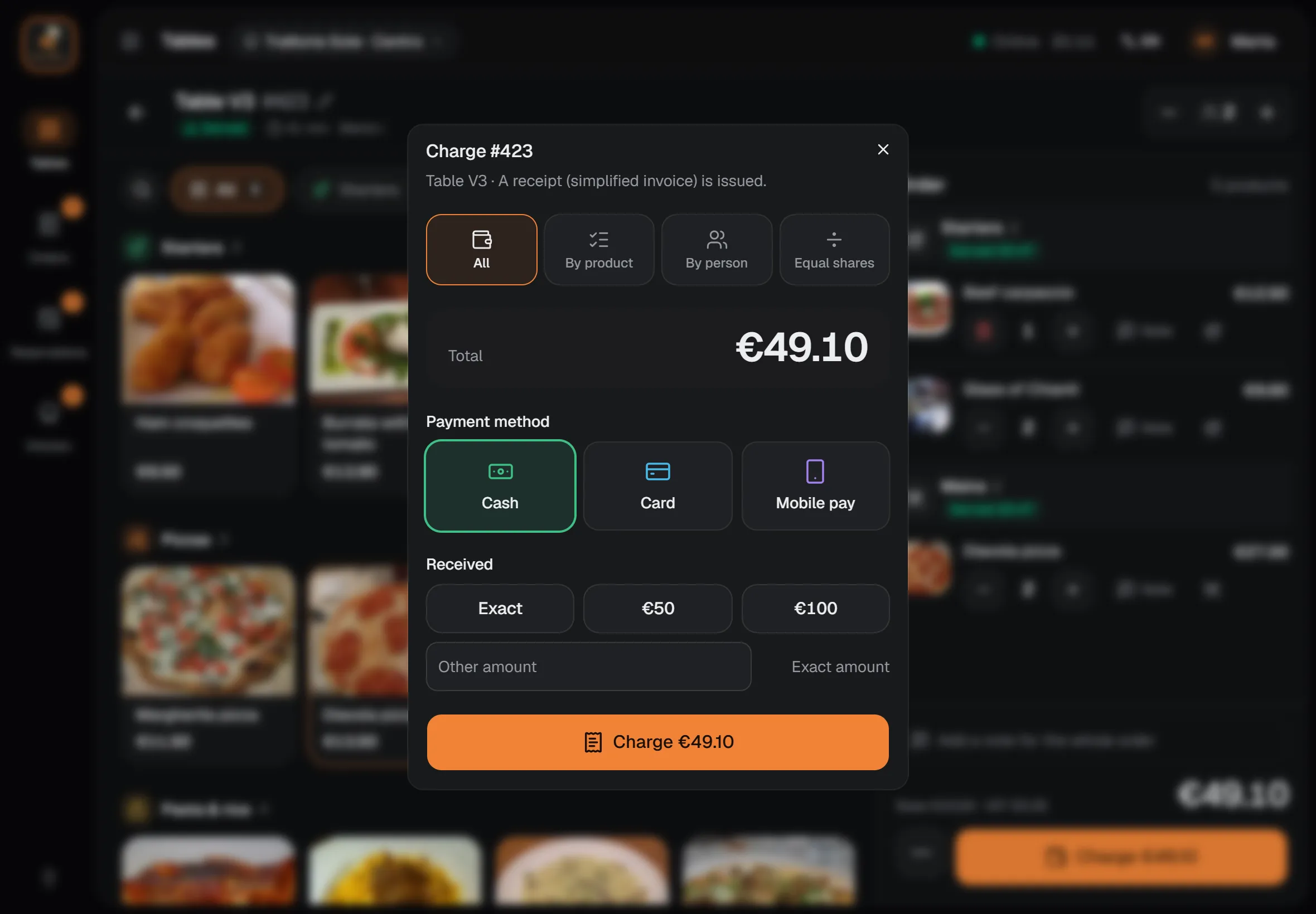 Diner Brain payment window: a total of €30.50 with cash, card and Bizum buttons.