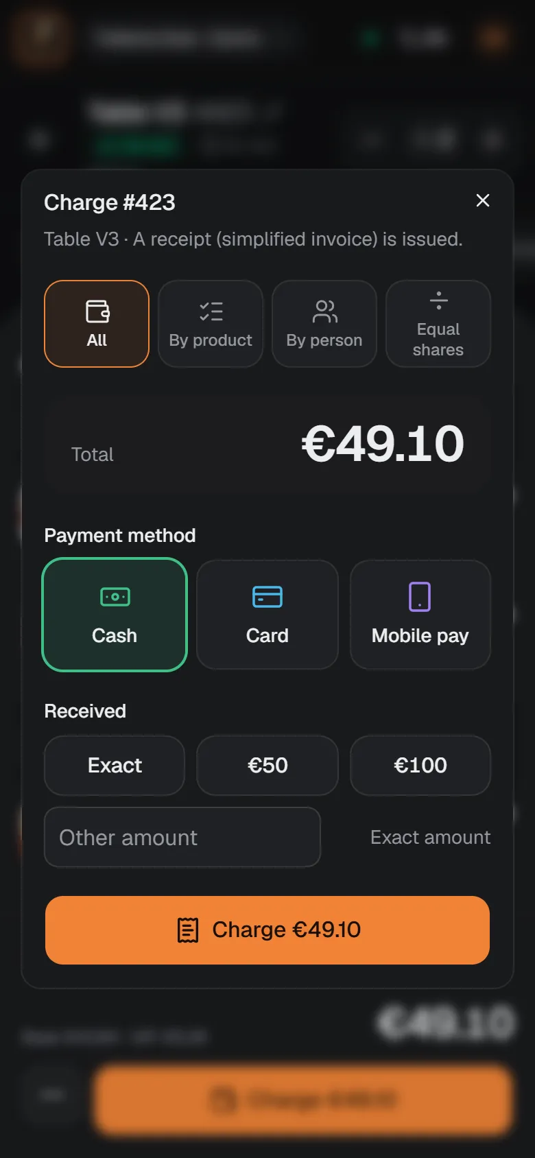 Diner Brain payment window: a total of €30.50 with cash, card and Bizum buttons.