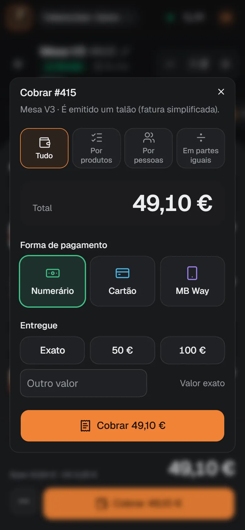 Janela de pagamento do Diner Brain: total de 30,50 € e botões de numerário, cartão e Bizum.