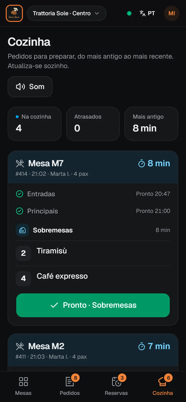 Ecrã de cozinha do Diner Brain num telemóvel, com os pedidos ordenados por tempo de espera.