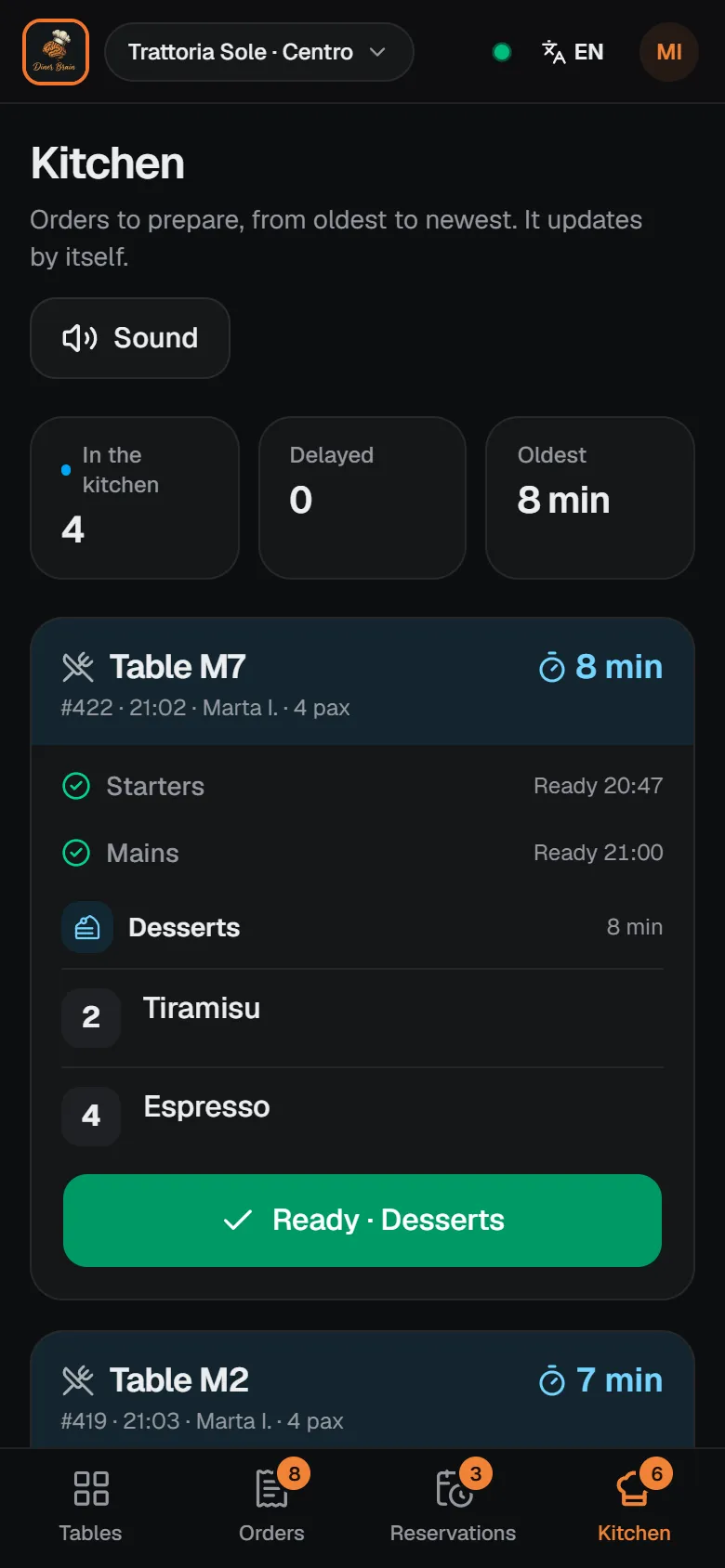 Diner Brain kitchen screen on a phone, with orders sorted by waiting time.